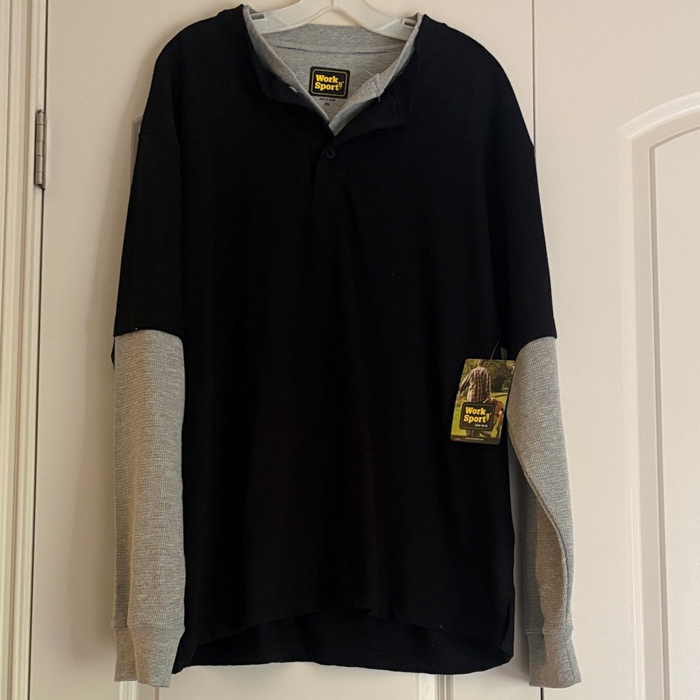 Black Long-Sleeve Henley with Gray Contrast Sleeves